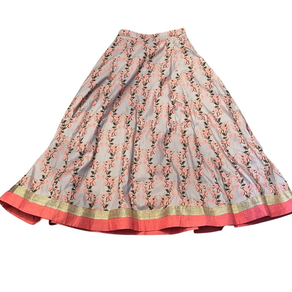 Indya Silk Blend‎ Floral Maxi Skirt w/ Gold Trim & Coral Hem